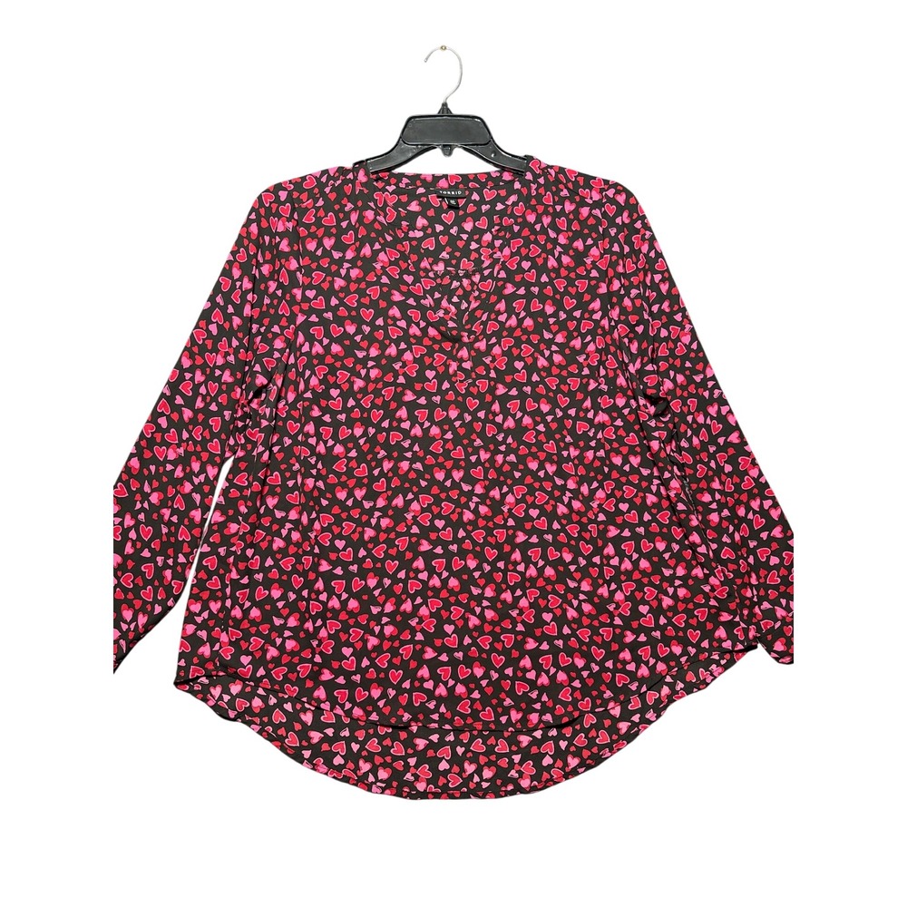 Torrid Blouse Women 00 Black Pink Heart Print V-Neck Long Sleeve Hi-Low 16163252